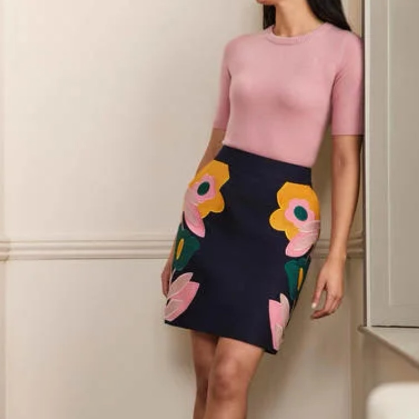 Boden Navy Pencil Skirt Mini W Pink Orange Floral Appliques